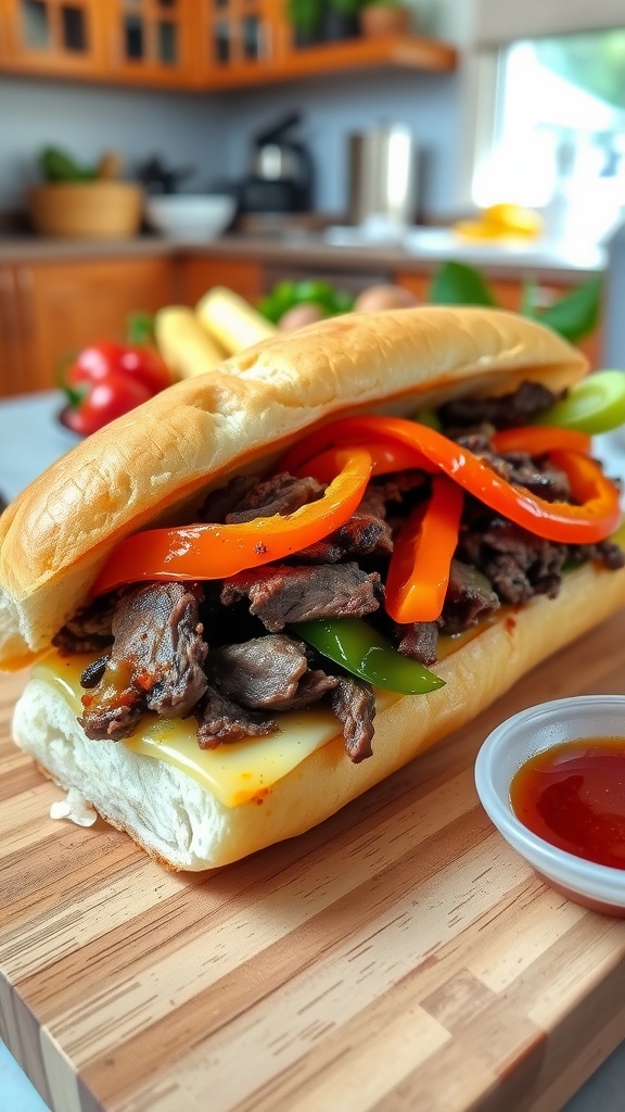 Savory Steak Umm Dinner Recipe A savory Steak Umm sandwich with steak, bell peppers, and melted cheese on a toasted bun, alongside spicy dipping sauce.
